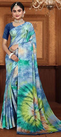 Blue color Saree in Crepe Silk fabric with Printed work Blue Digital Print Saree For Festivals, Festive Printed Blue Saree, Festive Blue Printed Saree, Festive Blue Digital Print Saree, Blue Digital Print Saree For Wedding, Blue Printed Saree, Blue Saree Fabric For Festive Occasions, Blue Color Saree, Party Wear Traditional