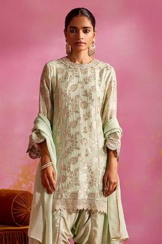 Buy Green Satin Embroidered Floral Woven Round Pattern Kurta Dhoti Pant Set For Women by Mustard Moon by Neyha and Vrinda Online at Aza Fashions. Banarasi Brocade, Kurta Patterns, Round Pattern, Dhoti Pants, Woven Pattern, Lace Embroidery, Green Satin, Pant Set, Set For Women