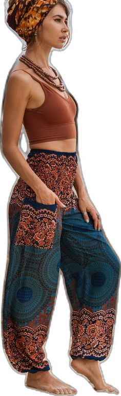 Boho Print Harem Bottoms For Summer, Summer Boho Print Harem Bottoms, Boho Print Hippie Pants For Vacation, Hippie Boho Print Pants For Vacation, Vacation Boho Print Hippie Pants, Vacation Hippie Pants With Boho Print, Bohemian Harem Pants With Pockets For Vacation, Bohemian Boho Print Pants For Vacation, Bohemian Bottoms With Pockets For Vacation