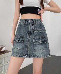 Vintage Blue Front Pocket Denim Skirt | Miyeon - (G)I-DLE XXL Trendy Non-stretch Mini Skirt With Pockets, Non-stretch Y2k Denim Skirt, Y2k Non-stretch Denim Skirt, Spring Mini Skirt With Pockets, Non-stretch, Spring Non-stretch Mini Skirt With Pockets, Y2k Style Denim Skirt With Pockets For Fall, Y2k Denim Skirt With Pockets For Fall, Denim Blue Skirt With Pockets For Fall, Y2k Mini Skirt With Pockets For Fall