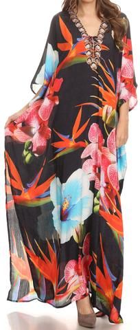 Sakkas gorgeous long flowy beautiful caftan swimwear dress Size Type: One SizeSize: US (0-3X), EU... Floral Print Flowy Maxi Cover-up, Multicolor Flowy Long Sleeve Beach Dress, Flowy Long Printed Beach Dress, Flowy Printed Maxi Length Cover-up, Printed Flowy Maxi-length Cover-up, Flowy Floral Print Maxi Length Cover-up, Free Size Floral Print Maxi Dress For Beachwear, Black Tropical Maxi Dress For Vacation, Beachwear Floral Print Maxi Dress In Free Size