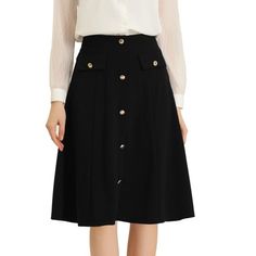 Allegra K Women's Button Decor Work A-Line Formal Knee Length Skirt Black X-Large Fall A-line Skirt With Buttons, Fitted A-line Bottoms With Buttons, A-line Fitted Bottoms With Buttons, Office Midi Skirt With Buttons, Chic A-line Skirt With Button Closure, Chic A-line Skirt With Buttons, Elegant Knee-length Buttoned Skirt, Elegant Knee-length Skirt With Buttons, Flared Work Skirt With Button Closure