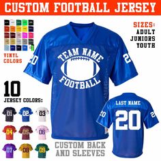 SHOW YOUR TEAM SUPPORT with this CUSTOM Football Fan Jersey! Great for family members of football players. Available in adult unisex jerseys, ladies' junior fit jerseys, youth jerseys! High Quality Jersey with 1 Color Vinyl team name and number on the front, last name and number on the back, and CUSTOM SLEEVE NUMBERS! 2 Colors can be added for an additional fee. (Style Numbers: 257 Adult, 250 Ladies Junior Fit, 258 Youth) ⚠️PLEASE NOTE: WE DO NOT OFFER REFUNDS or returns for sizing issues or on Football Team Names, Custom Fans, Personalized Football, Custom Football, Team Jersey, Custom Jerseys, Team Name, Football Jersey, Team Names