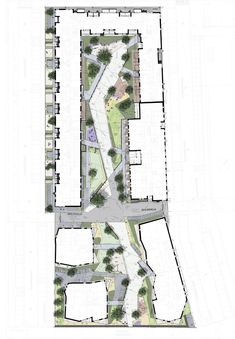 an architectural drawing shows the ground plan for a building with multiple floors and lots of trees