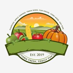 the farm fresh family lunch logo with vegetables and fruits on it, including corn, tomatoes,