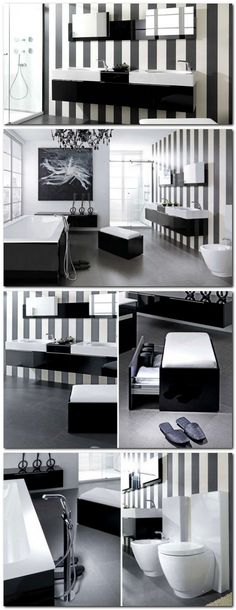 black and white bathroom with striped wallpapers, bathtub, sink and mirror