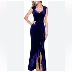 Vfshow V Halter Neck Ruffle Accent High Split Formal Cocktail Wedding Maxi Dress. Velvet Feel. Made Very Well. Glamour And Gorgeous Navy Blue. Hidden Zip In Back. Women’s Size Xs. Stretchy. 15 Inches Pit To Pit. 57 Inches Long. Measurements Are Approximate. Nwt. New To Poshmark? Please Sign Up Using Our Code Jaxxandgee And Redeem $10 Off Your First Purchase! Fitted Blue Evening Dress With Ruffles, Royal Blue Ruffled Dress For Wedding, Blue Ruffled Evening Dress For Banquet, Blue V-neck Evening Dress With Ruffles, V-neck Ruffled Evening Dress For Banquet, Blue V-neck Ruffle Evening Dress, Royal Blue Ruffled Evening Dress, White Crochet Halter Top, Silver Maxi Dress