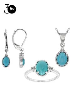 9x7mm oval, 8x6mm oval, and 6x4mm oval sleeping beauty turquoise with .16ctw round white topaz rhodium over sterling silver ring, pendant with 18" Singapore chain and earring set.  Ring measures approximately 3/8"L x 1/16"W.  Earrings measures approximately 1"L x 3/16"W and have a lever back closure.  Pendant measures approximately 3/4"L x 5/16"W.  3mm bail and lobster claw clasp closure with 2" extender.  Not sizeable. Silver Jewelry Set, Silver Jewellery Sets, Set Ring, Ring Pendant, Sleeping Beauty Turquoise, Blue Turquoise, White Topaz, Turquoise Blue, Sterling Silver Ring