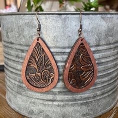 Brand New These Fish Hook Style Earrings Have A 3” Drop 1 3/8" Wide The Teardrop Wood Main Part Of The Earrings Have A Coppertone Dyed Tooled Vegan Leather Inner Piece. They Are Lightweight And Well Made. Cute For Everyday Or A Night Out! Packed With Extra Care And Shipped Quickly The Same Day Or Next Business Morning. Smoke Free Pet Friendly Home. Offers Are Always Welcome! Gem Drop Earrings, Red Heart Earrings, Wedding Studs, Native American Earrings, Turquoise Drop Earrings, Swirl Earrings, Beaded Drop Earrings, Skull Earrings, Art Deco Earrings