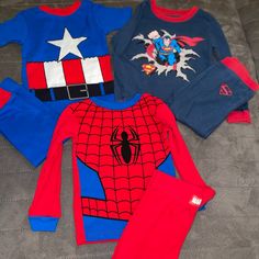 Spider-Man And Captain America Look Brand New. All The Same Size Playful Red Sleepwear Sets, Red Playful Sleepwear Sets, Playful Red Sleep Sets, Playful Red Loungewear Sets, Casual Red Sets For Sleepover, Red Casual Sets For Sleepover, Playful Red Tops For Loungewear, Red Character Print Loungewear Sets, Red Character Print Sleepwear For Sleepover