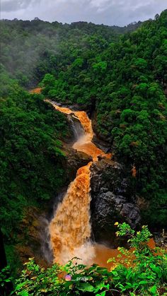 a large waterfall surrounded by lush green trees