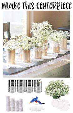 some white flowers are sitting in vases on a table with the words make this centerpiece