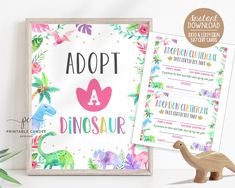 a printable dinosaur baby shower sign and its name is adopt a dinosaur on it