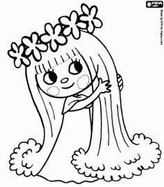 a cartoon girl with long hair and flowers in her hair, standing on the ground