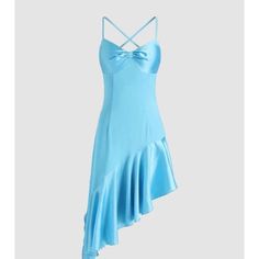 Make A Statement At Your Next Wedding Or Party With This Cider Blue Satin Mini Dress. The Dress Features A Sweetheart Neckline, Strappy Sleeves, And A Tie Belt. It Is Made Of A Polyester And Spandex Blend With A Satin Finish That Makes It Perfect For Any Festival, Garden, Party, Or Clubwear Occasion. The Dress Comes In Size L And Should Be Hand Washed Only. This Slip Dress Is Perfect For The Summer And Spring Season And Will Make An Excellent Addition To Your Wardrobe. The Dress Is Brand New Wit Blue Satin V-neck Dress For Party, Flirty Satin Dress With Spaghetti Straps For Party, Blue Fitted Satin Mini Dress, Blue Fitted Mini Satin Dress, Fitted Blue Satin Mini Dress, Fitted Light Blue Satin Midi Dress, Spring Party Satin Backless Dress, Spring Party Satin Dress, Backless, Light Blue Satin Party Dress