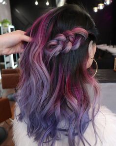 Latinas With Colored Hair, 2023 Vivid Hair Trends, Dark Fun Hair Color Ideas, Color Block Purple Hair, Fun Hair Ideas For Brunettes, Colorful Bayalage Hair, Vivid Color Balayage, Unique Dyed Hair Color Trends, Fun Hair Color Ideas For Brunettes 2023