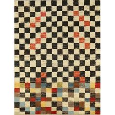 a multicolored rug with squares on the bottom, and black, white, yellow, red, green, blue, orange