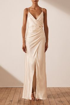 La Lune Cross Draped Maxi Dress | Cream | Dresses | Shona Joy – Shona Joy International Pre-draped Satin Finish Maxi Dress For Wedding, Formal Pre-draped Slip Dress, Cream Satin Floor-length Evening Dress, Formal Draped Maxi Dress With Bias Cut, Bias Cut Draped Evening Dress For Weddings, Cream Satin Floor-length Maxi Dress, Bias Cut Draped Maxi Dress For Formal Occasions, Draped Bias Cut Silk Dress, Draped Bias Cut Maxi Dress For Gala