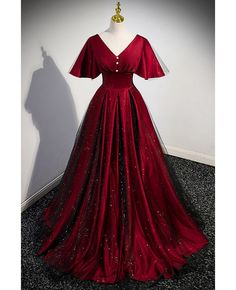 Get 10% off now! Buy modest vneck satin and tulle formal dress with puffy sleeves at cheap price online. Free stable shipping and pro custom service since 2009. Holiday V-neck Prom Gown, V-neck Holiday Gown For Prom, Evening Tulle Gown With V-neck, Wine Red Prom Dress, Tulle Formal Dress, Prom Dress Burgundy, Prom Dress Pictures, Dress With Puffy Sleeves, Princess Prom Dresses