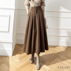 Lasaky - Womens Winter High-Waisted Maxi Skirt with Elegant Pleats and Flared Hem, Knee-Length Coverage Maxi Skirt Winter, Winter Maxi, Retro Skirt, Maxi Rok, High Waisted Maxi Skirt, Linen Shirt Dress, Pleated Maxi Skirt, Winter Skirt, Womens Winter