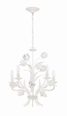 a white chandelier with flowers hanging from it's center point and four lights on each side