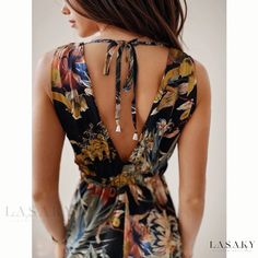 Lasaky - Sleeveless Floral Print Strap Dress with Exquisite Back Detailing Lace Summer Dresses, Night Club Dress, Beach Dresses Summer, Printed Summer Dresses, Flowy Maxi Dress, Backless Maxi Dresses, Floral Print Maxi Dress, Midi Dress Summer, Versatile Outfits