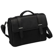 a black leather briefcase on a white background