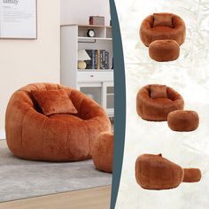 an orange bean bag chair sitting on top of a wooden floor next to a book shelf