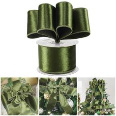 green satin ribbon with bows and baubles for christmas tree decoration, 3 / 8 yards