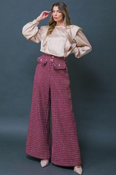 Tweed Wide Leg Pearl Button Plaid Pants Brand: Flying Tomato Style: IP8039 Fabric: 100% Polyester Details: A tweed pant featuring high waist, front button zipper closure, two front faux pockets and wide leg Tweed Pants With Pockets For Fall, Tweed Bottoms For Workwear In Fall, Fall Tweed Bottoms With Pockets, Fall Tweed Bottoms For Work, Chic Winter Pants With Button Closure, Elegant Plaid Wide-leg Pants, Elegant High-waisted Plaid Pants, Trendy Wide Leg Pants With Button Closure For Fall, Chic Plaid Wide Leg Pants