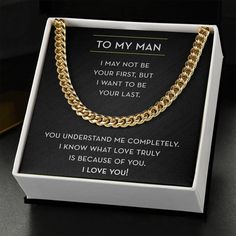 This To My Man Necklace is a modern link chain necklace that is perfect as a gift for Valentine's Day, your Anniversary, his Birthday, or any special occasion. This To my Man Gift is a high-quality stainless steel chain link necklace that he can wear for years to come. Our To my Man Chain Necklace is the perfect gift for the special man in your life. The chain features a sleek, modern design that is sure to complement any outfit. Whether you're celebrating a special occasion or just want to show Romantic Gifts For Boyfriend, Boyfriend Necklace, Chain Messages, Promise Necklace, Cuban Link Necklace, Cuban Link Chain Necklaces, You're My Favorite, Classic Necklace, Confirmation Gifts