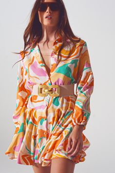 Turn heads in our Psychedelic Printed Dress in Multicolor, made from 100% Polyester. This mini-length dress features an abstract print, polo collar, long sleeves, and a pleated design for a stylish daily look. Model measurements: 33-24-35, height: 5'8''. Complete your outfit with the included same-fabric belt and tie waist. Shop now! Shell Print Dress, Printed Fabric Dress, Illustration Indian, Abstract Print Dress, Abstract Dress, Multicolor Dress, Made Clothing, Fabric Belt, Fashion Today