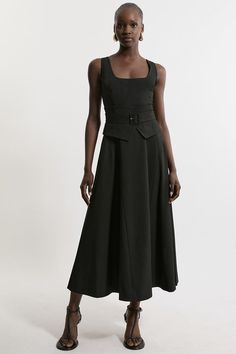 Feel Elegant In Our Midaxi Dress, With A Universally Flattering Silhouette, A Long Skirt That Creates Flowing Movement, And A Squared Neckline That Accentuates The Bust, Perfect For Getting A Little Dressed Up. The Belted Waistline With A Panel Insert Cinches The Silhouette And Elevates The Formality Even Further. Style This Dress With Strappy Heels For An Outfit That Will Turn Heads From Wedding Guest Days To Upcoming Occasions And Events. Tailored Full Skirted Panel Belted Midi Dress Formal, F Chic Black A-line Belted Dress, Workwear Belted A-line Maxi Dress, Fitted A-line Belted Dress For Party, Workwear A-line Maxi Dress With Belt, Chic Belted Square Neck Dress, Chic Square Neck Belted Dress, Elegant Belted Sleeveless Maxi Dress, Chic Fitted Maxi Dress For Office, Elegant Sleeveless Belted Maxi Dress