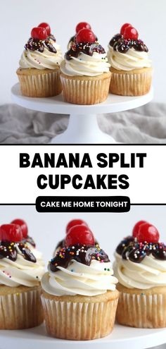 banana split cupcakes with white frosting and chocolate sprinkles on top