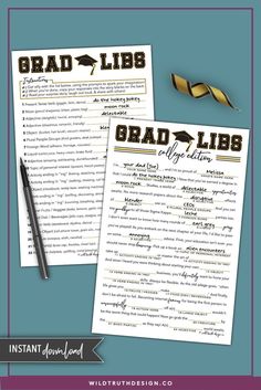 an image of graduation papers with the words grad libs on them and a pen