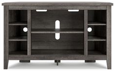 an entertainment center with shelves and lights on the front, in dark grey oak finish