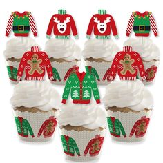 cupcakes decorated with ugly sweaters and christmas decorations