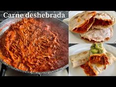 some food is being cooked in a pan on the stove and then served with tortillas