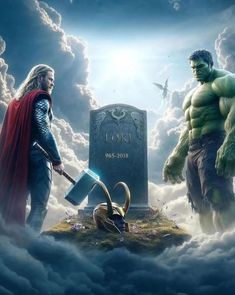 the avengers and thor are standing in front of a grave with an antelope