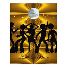 silhouettes of people dancing in front of a disco ball with the words birthday party on it