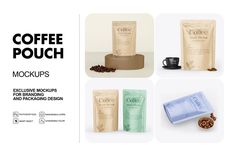 coffee pouch mockups for branding and packaging design, with various types of coffee beans