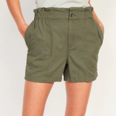 High-Waisted Textured Cargo Shorts Waistline Approx 19" With Significant Stretch Length Approx 17" Waist To Hem 4-Inch Inseam Utility Mid-rise Bottoms With Built-in Shorts, High Rise Utility Bottoms With Built-in Shorts, Green Casual Pull-on Bottoms, High Rise Pull-on Style Bottoms For Summer, High Rise Bottoms With Elastic Waistband For Day Out, Utility Style Mid-rise Bottoms With Built-in Shorts, High Rise Cotton Cargo Shorts Casual, High Rise Casual Cotton Cargo Shorts, High Rise Cotton Cargo Shorts Casual Style