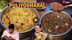 two people sitting next to each other in front of bowls filled with food and the words puliyodharai