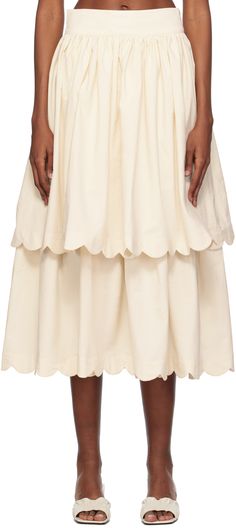 Cotton poplin skirt. Scalloped edges throughout. · Tiered construction · Gathering at waistband · Zip closure at back waistband Supplier color: Cream Poplin Skirt, Scalloped Skirt, Random Fashion, Mid Length Skirts, Scalloped Edges, Clothes Horse, Cotton Skirt, Full Skirt, Cotton Poplin