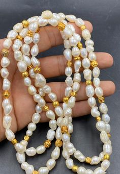 Beautiful natural fresh water pearl bead with gold plated beads necklace Gold Single Strand Baroque Pearl Jewelry, Gold Baroque Pearl Bracelet With Pendant, Gold Single Strand Pearl Bracelet With Round Beads, Gold Pearl Bracelet With Single Strand Of Round Beads, Beaded Rondelle Pearl Necklace, Gold Baroque Pearl Bead Jewelry, Single Strand Baroque Pearl Bracelet With Round Beads, Gold Baroque Pearl Beaded Jewelry, Gold Akoya Pearl Bracelet With Pearl Pendant