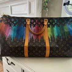 Leather, Gently Used, Hand Painted Rainbow Drip Hand Painted Louis Vuitton Bags, Painted Louis Vuitton, Louis Vuitton Duffle, Painted Rainbow, Upcycled Crafts, Louis Vuitton Bags, Weekender Bag, Travel Bags, Louis Vuitton Bag