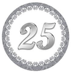 the number twenty five in silver on a white and gray circle with an ornate border