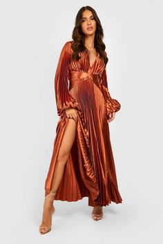 Pleated Satin Oversized Sleeve Midi Dress Folded Fabric, Fabric Skirt, Oversize Sleeves, Boohoo Dresses, Guest Attire, Pleated Fabric, Satin Midi Dress, Sleeve Midi Dress, Midi Dress With Sleeves