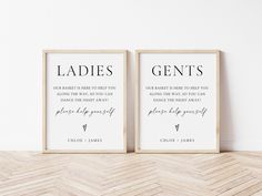 two framed prints with the words ladies and gents on them