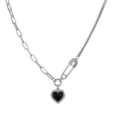 Women's Necklace Silver Safety Pin W/ Cz's & Black Enamel Heart Short Chain Safety Pin & Black Enamel Heart W/ Small Cz's Link Chain, Mismatched Zinc Alloy 45 Cm + 5 Cm Bohemian Choker Necklace, Womens Necklaces Silver, Safety Pin Necklace, Simple Chain Necklace, Safety Pin Jewelry, Tiny Heart Necklace, Chain Heart, Women's Necklace, Necklaces Silver